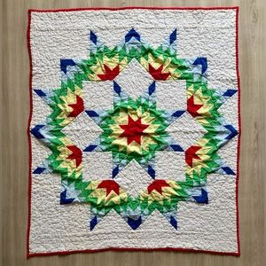 Vintage Handmade Star Quilt Blue Green Red 40x45